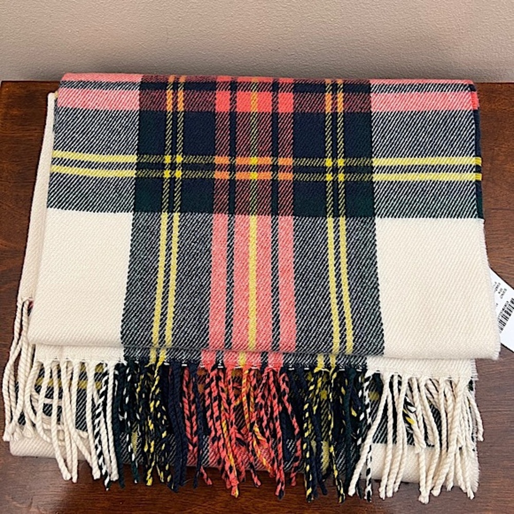 NWT J. Crew Factory plaid off white pink navy green yellow plaid fringe scarf - Picture 2 of 9